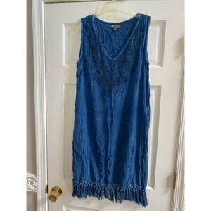 Beach by Exist Blue Embroidered Fringe Hem Dress-Pockets Sleeveless Sz Small